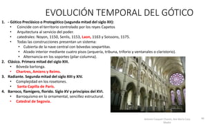 Antonio Casquet Chacón, Ave María Casa
Madre
1. - Gótico Preclásico o Protogótico (segunda mitad del siglo XII):
• Coincide con el territorio controlado por los reyes Capetos
• Arquitectura al servicio del poder.
• catedrales: Noyon, 1150, Senlis, 1153, Laon, 1163 y Soissons, 1175.
• Todas las construcciones presentan un sistema:
• Cubierta de la nave central con bóvedas sexpartitas.
• Alzado interior mediante cuatro pisos (arquería, tribuna, triforio y ventanales o claristorio).
• Alternancia en los soportes (pilar-columna).
2. Clásico. Primera mitad del siglo XIII.
• Bóveda barlonga.
• Chartres, Amiens y Reims.
3. Radiante. Segunda mitad del siglo XIII y XIV.
• Complejidad en los rosetones.
• Santa Capilla de París.
4. Barroco, flamígero, florido. Siglo XV y principios del XVI.
• Barroquismo en lo ornamental, sencillez estructural.
• Catedral de Segovia.
66
EVOLUCIÓN TEMPORAL DEL GÓTICO
 