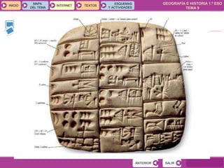 GEOGRAFÍA E HISTORIA 1.º ESO
TEMA 9
INICIOINICIO
MAPA
DEL TEMA
MAPA
DEL TEMA
INTERNETINTERNET TEXTOSTEXTOSTEXTOS
ESQUEMAS
Y ACTIVIDADES
ESQUEMAS
Y ACTIVIDADES
Escritura cuneiforme
SALIRSALIRANTERIORANTERIOR
 