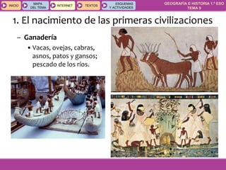 GEOGRAFÍA E HISTORIA 1.º ESO
TEMA 9
INICIOINICIO
MAPA
DEL TEMA
MAPA
DEL TEMA
INTERNETINTERNET TEXTOSTEXTOSTEXTOS
ESQUEMAS
Y ACTIVIDADES
ESQUEMAS
Y ACTIVIDADES
1. El nacimiento de las primeras civilizaciones
– Ganadería
• Vacas, ovejas, cabras,
asnos, patos y gansos;
pescado de los ríos.
 