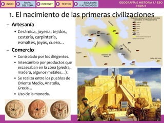 GEOGRAFÍA E HISTORIA 1.º ESO
TEMA 9
INICIOINICIO
MAPA
DEL TEMA
MAPA
DEL TEMA
INTERNETINTERNET TEXTOSTEXTOSTEXTOS
ESQUEMAS
Y ACTIVIDADES
ESQUEMAS
Y ACTIVIDADES
– Artesanía
• Cerámica, joyería, tejidos,
cestería, carpintería,
esmaltes, joyas, cuero…
– Comercio
• Controlado por los dirigentes.
• Intercambio por productos que
escaseaban en la zona (piedra,
madera, algunos metales…).
• Se realiza entre los pueblos de
Oriente Medio, Anatolia,
Grecia…
• Uso de la moneda.
1. El nacimiento de las primeras civilizaciones
 