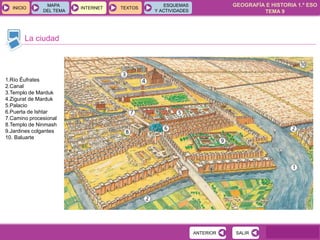 GEOGRAFÍA E HISTORIA 1.º ESO
TEMA 9
INICIOINICIO
MAPA
DEL TEMA
MAPA
DEL TEMA
INTERNETINTERNET TEXTOSTEXTOSTEXTOS
ESQUEMAS
Y ACTIVIDADES
ESQUEMAS
Y ACTIVIDADES
La ciudad
SALIRSALIRANTERIORANTERIOR
1.Río Éufrates
2.Canal
3.Templo de Marduk
4.Zigurat de Marduk
5.Palacio
6.Puerta de Ishtar
7.Camino procesional
8.Templo de Ninmash
9.Jardines colgantes
10. Baluarte
 
