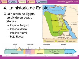 GEOGRAFÍA E HISTORIA 1.º ESO
TEMA 9
INICIOINICIO
MAPA
DEL TEMA
MAPA
DEL TEMA
INTERNETINTERNET TEXTOSTEXTOSTEXTOS
ESQUEMAS
Y ACTIVIDADES
ESQUEMAS
Y ACTIVIDADES
La historia de Egipto
se divide en cuatro
etapas:
– Imperio Antiguo
– Imperio Medio
– Imperio Nuevo
– Baja Época
4. La historia de Egipto
 