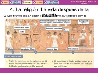 GEOGRAFÍA E HISTORIA 1.º ESO
TEMA 9
INICIOINICIO
MAPA
DEL TEMA
MAPA
DEL TEMA
INTERNETINTERNET TEXTOSTEXTOSTEXTOS
ESQUEMAS
Y ACTIVIDADES
ESQUEMAS
Y ACTIVIDADES
 Los difuntos debían pasar el Juicio de Osiris, que juzgaba su vida
terrenal.
4. La religión. La vida después de la
muerte
 