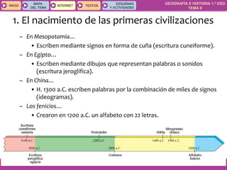 GEOGRAFÍA E HISTORIA 1.º ESO
TEMA 9
INICIOINICIO
MAPA
DEL TEMA
MAPA
DEL TEMA
INTERNETINTERNET TEXTOSTEXTOSTEXTOS
ESQUEMAS
Y ACTIVIDADES
ESQUEMAS
Y ACTIVIDADES
1. El nacimiento de las primeras civilizaciones
– En Mesopotamia…
• Escriben mediante signos en forma de cuña (escritura cuneiforme).
– En Egipto…
• Escriben mediante dibujos que representan palabras o sonidos
(escritura jeroglífica).
– En China…
• H. 1300 a.C. escriben palabras por la combinación de miles de signos
(ideogramas).
– Los fenicios…
• Crearon en 1200 a.C. un alfabeto con 22 letras.
 