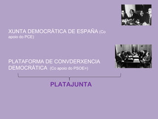 XUNTA DEMOCRÁTICA DE ESPAÑA (Co
apoio do PCE)
PLATAFORMA DE CONVDERXENCIA
DEMOCRÁTICA (Co apoio do PSOE=)
PLATAJUNTA
 