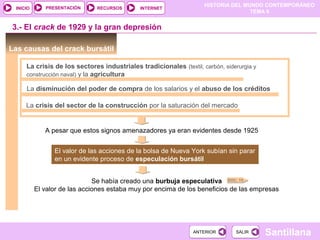 HISTORIA DEL MUNDO CONTEMPORÁNEO
TEMA 9
RECURSOS INTERNETPRESENTACIÓN
Santillana
INICIO
SALIRSALIRANTERIORANTERIOR
3.- El crack de 1929 y la gran depresión
Las causas del crack bursátil
La crisis de los sectores industriales tradicionales (textil, carbón, siderurgia y
construcción naval) y la agricultura
La disminución del poder de compra de los salarios y el abuso de los créditos
La crisis del sector de la construcción por la saturación del mercado
A pesar que estos signos amenazadores ya eran evidentes desde 1925
El valor de las acciones de la bolsa de Nueva York subían sin parar
en un evidente proceso de especulación bursátil
Se había creado una burbuja especulativa
El valor de las acciones estaba muy por encima de los beneficios de las empresas
DOC. 15
 