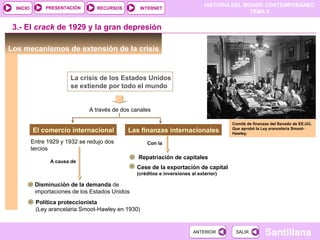 HISTORIA DEL MUNDO CONTEMPORÁNEO
TEMA 9
RECURSOS INTERNETPRESENTACIÓN
Santillana
INICIO
SALIRSALIRANTERIORANTERIOR
3.- El crack de 1929 y la gran depresión
Los mecanismos de extensión de la crisis
La crisis de los Estados Unidos
se extiende por todo el mundo
A través de dos canales
El comercio internacional Las finanzas internacionales
Entre 1929 y 1932 se redujo dos
tercios
A causa de
Disminución de la demanda de
importaciones de los Estados Unidos
Política proteccionista
(Ley arancelaria Smoot-Hawley en 1930)
Con la
Repatriación de capitales
Cese de la exportación de capital
(créditos e inversiones al exterior)
Comité de finanzas del Senado de EE.UU.
Que aprobó la Ley arancelaria Smoot-
Hawley.
 