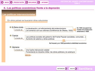 HISTORIA DEL MUNDO CONTEMPORÁNEO
TEMA 9
RECURSOS INTERNETPRESENTACIÓN
Santillana
INICIO
SALIRSALIRANTERIORANTERIOR
Las políticas intervencionistas
4.- Las políticas económicas frente a la depresión
En otros países se buscaron otras soluciones
a través de
El Reino Unido
Francia
Alemania
La devaluación y el reforzamiento del proteccionismo
y el comercio con sus colonias (Conferencia de Ottawa, 1932)
En 1935 recuperó los
niveles de producción
anteriores a 1929
a través de
Las políticas sociales del gobierno del Frente Popular (socialista, comunista…)
Aumento de salarios y obras públicas
Se fracasó y en 1939 persistía la debilidad económica
a través de Una fuerte intervención estatal
Fomentando la industria militar, las obras públicas y la autarquía
DOC. 22
 