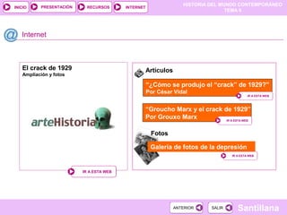 HISTORIA DEL MUNDO CONTEMPORÁNEO
TEMA 9
RECURSOS INTERNETPRESENTACIÓN
Santillana
INICIO
SALIRSALIRANTERIORANTERIOR
El crack de 1929
Ampliación y fotos
Internet
IR A ESTA WEBIR A ESTA WEB
“¿Cómo se produjo el “crack” de 1929?”
Por César Vidal
“Groucho Marx y el crack de 1929”
Por Grouxo Marx IR A ESTA WEBIR A ESTA WEB
IR A ESTA WEBIR A ESTA WEB
Artículos
Fotos
Galería de fotos de la depresión
IR A ESTA WEBIR A ESTA WEB
 