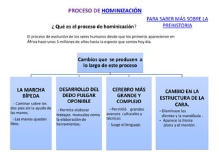 PROCESO DE HOMINIZACIÓN
¿ Qué es el proceso de hominización?
El proceso de evolución de los seres humanos desde que los primeros aparecieron en
África hace unos 5 millones de años hasta la especie que somos hoy día.
Cambios que se producen a
lo largo de este proceso
LA MARCHA
BÍPEDA
- Caminar sobre los
dos pies sin la ayuda de
las manos.
- Las manos quedan
libre.
DESARROLLO DEL
DEDO PULGAR
OPONIBLE
- Permite elaborar
trabajos manuales como
la elaboración de
herramientas.
CEREBRO MÁS
GRANDE Y
COMPLEJO
- Permitió grandes
avances culturales y
técnicos
- Surge el lenguaje.
CAMBIO EN LA
ESTRUCTURA DE LA
CARA.
- Disminuye los
dientes y la mandíbula .
- Aparece la frente
plana y el mentón .
PARA SABER MÁS SOBRE LA
PREHISTORIA
 