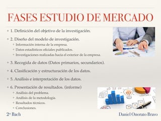 ❖ 1. Deﬁnición del objetivo de la investigación. 
❖ 2. Diseño del modelo de investigación.
❖ Información interna de la empresa.
❖ Datos estadísticos oﬁciales publicados.
❖ Investigaciones realizadas hacia el exterior de la empresa.
❖ 3. Recogida de datos (Datos primarios, secundarios).
❖ 4. Clasiﬁcación y estructuración de los datos. 
❖ 5. Análisis e interpretación de los datos.  
❖ 6. Presentación de resultados. (informe)
❖ Análisis del problema.
❖ Análisis de la metodología.
❖ Resultados técnicos.
❖ Conclusiones.
FASES ESTUDIO DE MERCADO
2º Bach Daniel Onorato Bravo
 