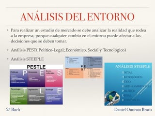 ANÁLISIS DEL ENTORNO
❖ Para realizar un estudio de mercado se debe analizar la realidad que rodea
a la empresa, porque cualquier cambio en el entorno puede afectar a las
decisiones que se deben tomar.
❖ Análisis PEST( Político-Legal;,Económico, Social y Tecnológico)
❖ Análisis STEEPLE
2º Bach Daniel Onorato Bravo
 