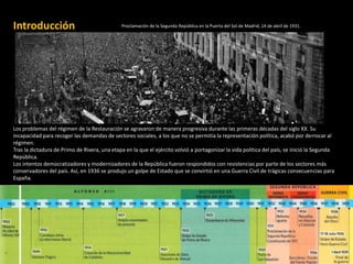 Introducción
Los problemas del régimen de la Restauración se agravaron de manera progresiva durante las primeras décadas del siglo XX. Su
incapacidad para recoger las demandas de sectores sociales, a los que no se permitía la representación política, acabó por derrocar al
régimen.
Tras la dictadura de Primo de Rivera, una etapa en la que el ejército volvió a portagonizar la vida política del país, se inició la Segunda
República.
Los intentos democratizadores y modernizadores de la República fueron respondidos con resistencias por parte de los sectores más
conservadores del país. Así, en 1936 se produjo un golpe de Estado que se convirtió en una Guerra Civil de trágicas consecuencias para
España.
Cronología siglo XX
Proclamación de la Segunda República en la Puerta del Sol de Madrid, 14 de abril de 1931.
 
