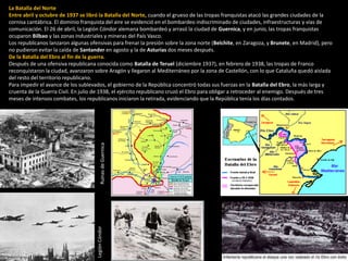 La Batalla del Norte
Entre abril y octubre de 1937 se libró la Batalla del Norte, cuando el grueso de las tropas franquistas atacó las grandes ciudades de la
cornisa cantábrica. El dominio franquista del aire se evidenció en el bombardeo indiscriminado de ciudades, infraestructuras y vías de
comunicación. El 26 de abril, la Legión Cóndor alemana bombardeó y arrasó la ciudad de Guernica, y en junio, las tropas franquistas
ocuparon Bilbao y las zonas industriales y mineras del País Vasco.
Los republicanos lanzaron algunas ofensivas para frenar la presión sobre la zona norte (Belchite, en Zaragoza, y Brunete, en Madrid), pero
no pudieron evitar la caída de Santander en agosto y la de Asturias dos meses después.
De la Batalla del Ebro al fin de la guerra.
Después de una ofensiva republicana conocida como Batalla de Teruel (diciembre 1937), en febrero de 1938, las tropas de Franco
reconquistaron la ciudad, avanzaron sobre Aragón y llegaron al Mediterráneo por la zona de Castellón, con lo que Cataluña quedó aislada
del resto del territorio republicano.
Para impedir el avance de los sublevados, el gobierno de la República concentró todas sus fuerzas en la Batalla del Ebro, la más larga y
cruenta de la Guerra Civil. En julio de 1938, el ejército republicano cruzó el Ebro para obligar a retroceder al enemigo. Después de tres
meses de intensos combates, los republicanos iniciaron la retirada, evidenciando que la República tenía los días contados.LegiónCóndor
RuinasdeGuernica
 