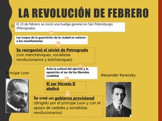 El 23 de febrero se inició una huelga general en San Petersburgo
(Petrogrado)
Las tropas de la guarnición de la ciudad se unieron
a los manifestantes
Se reorganizó el sóviet de Petrogrado
(con mencheviques, socialistas
revolucionarios y bolcheviques)
Ante la actitud del ejército y la
oposición al zar de los liberales
(cadetes)
El zar Nicolás II
abdicó
Se creó un gobierno provisional
(dirigido por el príncipe Luov y con el
apoyo de cadetes y socialistas
revolucionarios)
LA REVOLUCIÓN DE FEBRERO
Príncipe Lvov
Alexander Kerensky
 