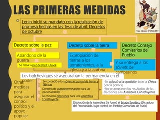Decreto sobre la tierraDecreto sobre la paz
Los bolcheviques se aseguraban la permanencia en el
poder
Se firma la paz de Brest-Litovsk
Lenin inició su mandato con la realización de
promesa hechas en las Tesis de abril: Decretos
de octubre
Abandono de la
guerra
Expropiación de
tierras a los
terratenientes, a la
Iglesia y a la corona
Y su entrega a los
sóviets de
campesinos
Otras
medidas
para
asegurar el
control
político y el
apoyo
popular
Se concedió a los sóviets el control de tierras y
fábricas
Derecho de autodeterminación para las
nacionalidades
Se convocó elecciones para una Asamblea
Constituyente
-Se aplastó a la oposición (con la Checa,
policía política)
-No se aceptaron los resultados de las
elecciones a la Asamblea Constituyente
Disolución de la Asamblea. Se formó el Estado Soviético (Dictadura
del Proletariado, bajo control del Partido Comunista de Rusia)
LAS PRIMERAS MEDIDAS
Decreto Consejo
Comisarios del
Pueblo
 