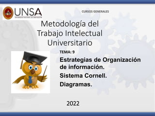 Metodología del
Trabajo Intelectual
Universitario
CURSOS GENERALES
TEMA: 9
Estrategias de Organización
de información.
Sistema Cornell.
Diagramas.
2022
 