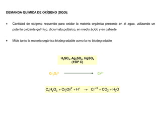 Cr2O7
2- Cr3+
H2SO4, Ag2SO4, HgSO4
(150º C)
O
H
CO
Cr
H
O
Cr
O
H
C 2
2
3
2
7
2
z
y
x 



 


DEMANDA QUÍMICA DE OXÍGENO (DQO):
 Cantidad de oxígeno requerido para oxidar la materia orgánica presente en el agua, utilizando un
potente oxidante químico, dicromato potásico, en medio ácido y en caliente
 Mide tanto la materia orgánica biodegradable como la no biodegradable
 