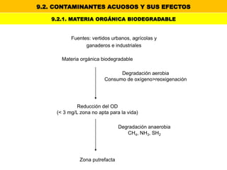 9.2. CONTAMINANTES ACUOSOS Y SUS EFECTOS
9.2.1. MATERIA ORGÁNICA BIODEGRADABLE
Fuentes: vertidos urbanos, agrícolas y
ganaderos e industriales
Degradación aerobia
Consumo de oxígeno>reoxigenación
Degradación anaerobia
CH4, NH3, SH2
Materia orgánica biodegradable
Reducción del OD
(< 3 mg/L zona no apta para la vida)
Zona putrefacta
 