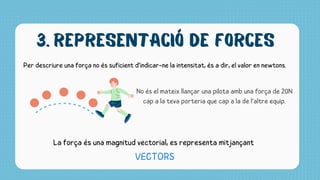 REPRESENTACIÓ DE FORCES
3.
Per descriure una força no és suficient d’indicar-ne la intensitat, és a dir, el valor en newtons.
No és el mateix llançar una pilota amb una força de 20N
cap a la teva porteria que cap a la de l’altre equip.
La força és una magnitud vectorial, es representa mitjançant
VECTORS
 