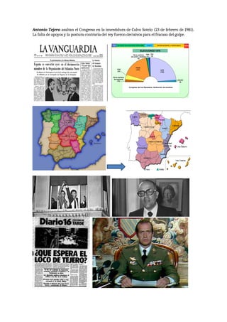Antonio Tejero asaltan el Congreso en la investidura de Calvo Sotelo (23 de febrero de 1981).
La falta de apoyos y la postura contraria del rey fueron decisivos para el fracaso del golpe.
Unidad
19 Los inicios de la transición (1976-1980) Imagen 5 HISTORIA DE ESPAÑA - 2º BACHILLERATO
ELECCIONES 1979
Congreso de los Diputados. Atribución de escaños
PSOE
(121)
PNV
(7)
UCD
(168)
Otros partidos
de izquierda
(10)
PCE
(23)
Otros partidos
de centro y derecha
(4)
CIU
(8)
CD(AP)
(9)
 