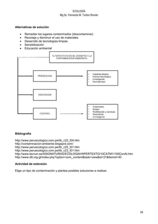 ECOLOGÍA
                                   Mg.Sc. Fernando M. Toribio Román



Alternativas de solución

   •   Remediar los lugares contaminados (descontaminar)
   •   Reciclaje y disminuir el uso de materiales
   •   Desarrollo de tecnologías limpias
   •   Sensibilización
   •   Educación ambiental




Bibliografía

http://www.peruecologico.com.pe/lib_c22_t04.htm
http://contaminacion-ambiente.blogspot.com/
http://www.peruecologico.com.pe/lib_c25_t01.htm
http://www.peruecologico.com.pe/lib_c23_t01.htm
http://www.tecnun.es/ASIGNATURAS/ECOLOGIA/HIPERTEXTO/10CATM1/100ConAt.htm
http://www.dtt.org.gt/index.php?option=com_content&task=view&id=31&Itemid=40

Actividad de extensión

Elige un tipo de contaminación y plantea posibles soluciones a realizar.




                                                                               38
 
