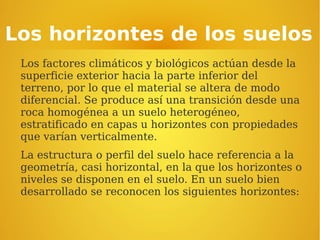 Los horizontes de los suelos
Los factores climáticos y biológicos actúan desde la
superficie exterior hacia la parte inferior del
terreno, por lo que el material se altera de modo
diferencial. Se produce así una transición desde una
roca homogénea a un suelo heterogéneo,
estratificado en capas u horizontes con propiedades
que varían verticalmente.
La estructura o perfil del suelo hace referencia a la
geometría, casi horizontal, en la que los horizontes o
niveles se disponen en el suelo. En un suelo bien
desarrollado se reconocen los siguientes horizontes:
 
