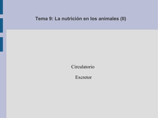 Tema 9: La nutrición en los animales (II)




                Circulatorio

                  Excretor
 