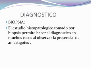            DIAGNOSTICOBIOPSIA:El estudio histopatologico tomado por biopsia permite hacer el diagnostico en muchos casos al observar la presencia  de amastigotes .