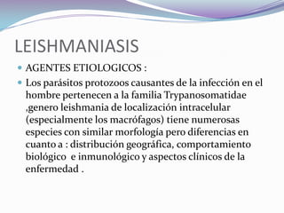 LEISHMANIASISAGENTES ETIOLOGICOS :Los parásitos protozoos causantes de la infección en el hombre pertenecen a la familia Trypanosomatidae ,genero leishmania de localización intracelular (especialmente los macrófagos) tiene numerosas especies con similar morfología pero diferencias en cuanto a : distribución geográfica, comportamiento biológico  e inmunológico y aspectos clínicos de la enfermedad .