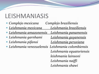 LEISHMANIASISComplejo mexicana        Complejo braziliensis Leishmania mexicana          Leishmania braziliensis Leishmania amazonensis    Leishmania panamensisLeishmania garnhami          Leishmania guyanensis Leishmania pifanoi               Leishmania peruviana Leishmania venezuelensis  Leishmania colombiensis                                                      Leishmania equatoriensis                                                    leishmania lainsoni                                                     Leishmania naiffi                                                     Leishmania shawi