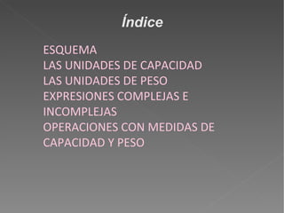 Índice
ESQUEMA
LAS UNIDADES DE CAPACIDAD
LAS UNIDADES DE PESO
EXPRESIONES COMPLEJAS E
INCOMPLEJAS
OPERACIONES CON MEDIDAS DE
CAPACIDAD Y PESO