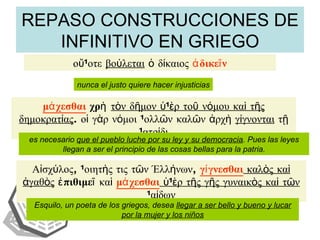 REPASO CONSTRUCCIONES DE INFINITIVO EN GRIEGO οὔποτε  βούλεται  ὁ δίκαιος  ἀδικεῖν μάχεσθαι   χρὴ   τὸν δῆμον ὑπὲρ τοῦ νόμου καὶ τῆς δημοκρατίας . οἱ γὰρ νόμοι πολλῶν καλῶν ἀρχὴ  γίγνονται  τῇ πατρίδι Αἰσχύλος, ποιητὴς τις τῶν Έλλήνων,  γίγνεσθαι  καλὸς καὶ ἀγαθὸς   ἐπιθιμεῖ  καὶ  μάχεσθαι  ὑπὲρ τῆς γῆς γυναικὸς καὶ τῶν παίδων nunca el justo quiere hacer injusticias es necesario  que el pueblo luche por su ley y su democracia . Pues las leyes llegan a ser el principio de las cosas bellas para la patria. Esquilo, un poeta de los griegos, desea  llegar a ser bello y bueno y lucar por la mujer y los niños 