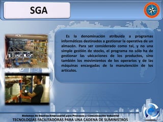 Sistemas de Gestión Empresarial para Procesos y Comunicación Industrial
TECNOLOGÍAS FACILITADORAS PARA UNA CADENA DE SUMINISTROS
Es la denominación atribuida a programas
informáticos destinados a gestionar la operativa de un
almacén. Para ser considerado como tal, y no una
simple gestión de stocks, el programa no sólo ha de
gestionar las ubicaciones de los productos, sino
también los movimientos de los operarios y de las
máquinas encargadas de la manutención de los
artículos.
 