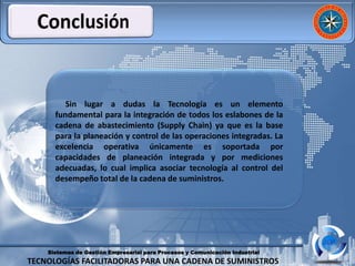 Sistemas de Gestión Empresarial para Procesos y Comunicación Industrial
TECNOLOGÍAS FACILITADORAS PARA UNA CADENA DE SUMINISTROS
Sin lugar a dudas la Tecnología es un elemento
fundamental para la integración de todos los eslabones de la
cadena de abastecimiento (Supply Chain) ya que es la base
para la planeación y control de las operaciones integradas. La
excelencia operativa únicamente es soportada por
capacidades de planeación integrada y por mediciones
adecuadas, lo cual implica asociar tecnología al control del
desempeño total de la cadena de suministros.
 