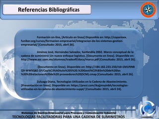 Sistemas de Gestión Empresarial para Procesos y Comunicación Industrial
TECNOLOGÍAS FACILITADORAS PARA UNA CADENA DE SUMINISTROS
Formación on-line, [Articulo en linea] Disponible en: http://coparmex.
funiber.org/cursos/formacion-empresarial/integracion-de-los-sistemas-gestion-
empresarial/ [Consultado: 2015, abril 26].
Jiménez José, Hernández Salvador, Sanfandila 2002. Marco conceptual de la
cadena de suministro: Un nuevo enfoque logístico. [Documento en linea]. Disponible en:
http://www.azc.uam.mx/alumnos/tradeoff/docu/marco.pdf [Consultado: 2015, abril 26].
[Documento en linea]. Disponible en: http://184.182.233.150/rid=1M1PJNB
Q9-WW5Q8Z-1P/Cap%C3%ADtulo%205%20.%20Gesti%C3%B3n%20de%20las
%20%20relaciones%20de%20 proveedores%20(SCM).cmap [Consultado: 2015, abril 26].
Zuluaga Diana, Tecnologías Utilizadas en la Cadena de Abastecimiento.
[Presentación en linea]. Disponible en: https://prezi.com/ikajjmsyinbh/tecnologias-
utilizadas-en-la-cadena-de-abastecimiento-suppl/ [Consultado: 2015, abril 24].
 