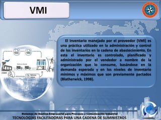 Sistemas de Gestión Empresarial para Procesos y Comunicación Industrial
TECNOLOGÍAS FACILITADORAS PARA UNA CADENA DE SUMINISTROS
.
El Inventario manejado por el proveedor (VMI) es
una práctica utilizado en la administración y control
de los inventarios en la cadena de abastecimiento. En
esta el inventario es controlado, planificado y
administrado por el vendedor a nombre de la
organización que lo consume, basándose en la
demanda esperada y en los niveles de inventario
mínimos y máximos que son previamente pactados
(Blatherwick, 1998).
 