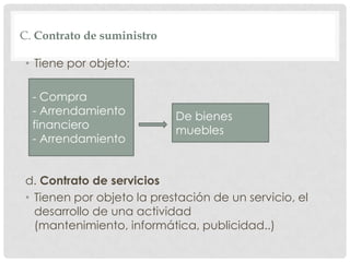 C. Contrato de suministro
• Tiene por objeto:
d. Contrato de servicios
• Tienen por objeto la prestación de un servicio, el
desarrollo de una actividad
(mantenimiento, informática, publicidad..)
- Compra
- Arrendamiento
financiero
- Arrendamiento
De bienes
muebles
 