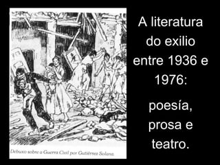 A literatura
do exilio
entre 1936 e
1976:
poesía,
prosa e
teatro.
 