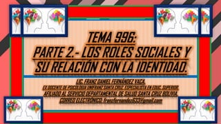 TEMA 996:
PARTE 2.- LOS ROLES SOCIALES Y
SU RELACIÓN CON LA IDENTIDAD.
LIC. FRANZ DANIEL FERNÁNDEZ VACA.
EX DOCENTE DE PSICOLOGIA UNIFRANZ SANTA CRUZ. ESPECIALISTA EN EDUC. SUPERIOR.
AFILIADO AL SERVICIO DEPARTAMENTAL DE SALUD SANTA CRUZ BOLIVIA.
CORREO ELECTRÓNICO: franzfernandez633@gmail.com
 