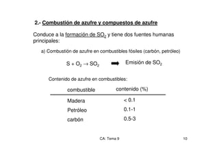 CA: Tema 9 10
2.- Combustión de azufre y compuestos de azufre
S + O2 → SO2
a) Combustión de azufre en combustibles fósiles (carbón, petróleo)
Emisión de SO2
Contenido de azufre en combustibles:
combustible contenido (%)
Madera
Petróleo
carbón
< 0.1
0.1-1
0.5-3
Conduce a la formación de SO2 y tiene dos fuentes humanas
principales:
 