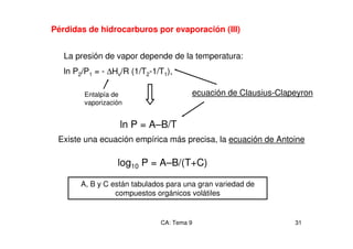 CA: Tema 9 31
La presión de vapor depende de la temperatura:
ln P2/P1 = - ∆Hv/R (1/T2-1/T1),
Pérdidas de hidrocarburos por evaporación (III)
ln P = A–B/T
Entalpía de
vaporización
A, B y C están tabulados para una gran variedad de
compuestos orgánicos volátiles
ecuación de Clausius-Clapeyron
Existe una ecuación empírica más precisa, la ecuación de Antoine
log10 P = A–B/(T+C)
 
