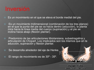 Inversión


Es un movimiento en el que se eleva el borde medial del pie.



Es un movimiento tridimensional (combinación de los tres planos)
en el que la punta del pie se va hacia dentro (aducción), la planta
mira hacia la línea media del cuerpo (supinación) y el pie se
inclina hacia abajo (flexión plantar).



Predominio de las articulaciones tibiotarsiana, subastragalina y
articulación de Chopart. Los implicados son los mismos que en la
aducción, supinación y flexión plantar.



Se desarrolla alrededor del eje de Henke.



El rango de movimiento es de 30º - 35º.

 
