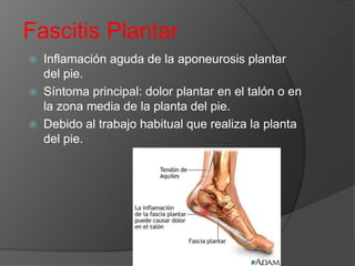 Fascitis Plantar
Inflamación aguda de la aponeurosis plantar
del pie.
 Síntoma principal: dolor plantar en el talón o en
la zona media de la planta del pie.
 Debido al trabajo habitual que realiza la planta
del pie.


 