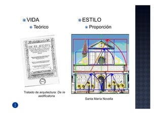 VIDA                           ESTILO
       Teórico                     Proporción




Tratado de arquitectura: De re
          aedificatoria
                                 Santa María Novella
 