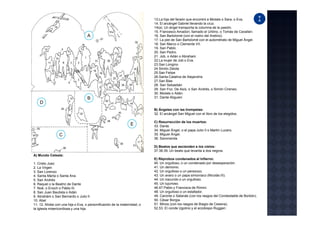 13.La hija del faraón que encontró a Moisés o Sara, o Eva.
                                                                          14. El arcángel Gabriel llevando la cruz.
                                                                          14(a). Un ángel transporta la columna de la pasión.
                                                                          15. Francesco Amadori, llamado el Urbino, o Tomás de Cavalieri.
                                   A                                      16. San Bartolomé (con el rostro del Aretino).
                                                                          17. La piel de San Bartolomé con el autorretrato de Miguel Ángel.
                                                                          18. San Marco o Clemente VII.
                                                                          19. San Pablo.
                                                                          20. San Pedro.
                                                                          21. Job, o Adán o Abraham.
                                                                          22.La mujer de Job o Eva.
                                                                          23.San Longino
                                                                          24 Simón Zelota
                                                                          25 San Felipe
                                                                          26.Santa Catalina de Alejandría
                                                                          27.San Blas
                                                                          28. San Sebastián
                                                                          29. San Fco. De Asís, o San Andrés, o Simón Cireneo.
                                                                          30. Moisés o Adán.
                                   B                                      31. Dante Aliguieri
    D
                                                                          B) Ángeles con las trompetas:
                                                                          32. El arcángel San Miguel con el libro de los elegidos.

                                                                          C) Resurrección de los muertos:
                                                                E         33. Dante
                                                                          34. Miguel Ángel, o el papa Julio II o Martín Lucero.
                 C                                                        35. Miguel Ángel.
                                                                          36. Savonarola.

                                                                          D) Beatos que ascienden a los cielos:
                                                                          37.38.39. Un beato que levanta a dos negros.
A) Mundo Celeste:
                                                                          E) Réprobos condenados al Infierno:
1. Cristo Juez                                                            40. Un orgulloso, o un condenado por desesperación.
2. La Virgen                                                              41. Un demonio.
3. San Lorenzo                                                            42. Un orgulloso o un perezozo.
4. Santa Marta o Santa Ana                                                43. Un avaro o un papa simoníaco (Nicolás III).
5. San Andrés                                                             44. Un iracundo o un orgulloso.
6. Raquel o la Beatriz de Dante                                           45. Un lujurioso.
7. Noé, o Enoch o Pablo III.                                              46.47.Pablo y Francisca de Rímini.
8. San Juan Bautista o Adán                                               48. Un orgulloso o un estafador.
9. Abrahám o San Bernardo o Julio II                                      49. Caronte o Satanás (con los rasgos del Condestable de Borbón).
10. Abel                                                                  50. César Borgia.
11. 12. Níobe con una hija o Eva, o personificación de la maternidad, o   51. Minos (con los rasgos de Biagio de Cesena).
la Iglesia misericordiosa y una hija.                                     52.53. El conde Ugolino y el arzobispo Ruggeri.
 