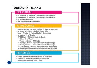RELIGIOSAS
• La Asunción    Santa Mª Gloriosa dei Frari (Venecia)
• Pala Pesaro    Santa Mª Gloriosa dei Frari (Venecia)
• La gloria   Mº Prado
• Noli me tangere   Palacio Pitti

MITOLÓGICAS
• El amor sagrado y el amor profano       Galería Borghese
• La Venus de Urbino      Galería de los Uffizi
• Baco y Ariadna      National Gallery de Londres
• La bacanal     Mº Prado
  • POESÍAS      Metamorfosis de Ovidio
    • Dánae    Mº Prado
    • Venus y Adonis    Mº Prado
    • Diana y Acteón    National Gallery de Edimburgo
    • Diana y Calisto   National Gallery de Edimburgo
    • La muerte de Acteón     National Gallery de Londres
    • Perseo y Andrómeda       Wallace Collection, Londres

RETRATOS
• Carlos V en la batalla de Mühlberg Mº Prado
• Paulo III  Museo Arqueológico de Nápoles
• Federico de Gonzaga       Mº Prado
 
