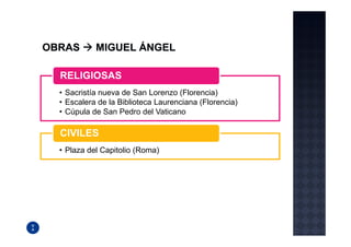 RELIGIOSAS
• Sacristía nueva de San Lorenzo (Florencia)
• Escalera de la Biblioteca Laurenciana (Florencia)
• Cúpula de San Pedro del Vaticano

CIVILES
• Plaza del Capitolio (Roma)
 