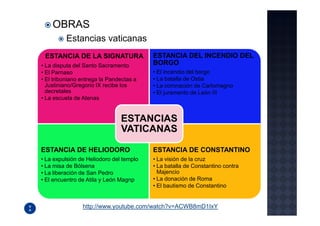 OBRAS
          Estancias vaticanas
 ESTANCIA DE LA SIGNATURA                ESTANCIA DEL INCENDIO DEL
• La disputa del Santo Sacramento        BORGO
• El Parnaso                             • El incendio del borgo
• El triboniano entrega la Pandectas a   • La batalla de Ostia
  Justiniano/Gregorio IX recibe los      • La coronación de Carlomagno
  decretales                             • El juramento de León III
• La escuela de Atenas


                               ESTANCIAS
                               VATICANAS

ESTANCIA DE HELIODORO                    ESTANCIA DE CONSTANTINO
• La expulsión de Heliodoro del templo   • La visión de la cruz
• La misa de Bólsena                     • La batalla de Constantino contra
• La liberación de San Pedro               Majencio
• El encuentro de Atila y León Magnp     • La donación de Roma
                                         • El bautismo de Constantino


                http://www.youtube.com/watch?v=ACWB8mD1IxY
 