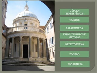 BALAUSTRADA FRISO: TRIGLIFOS E METOPAS ORDE TOSCANA ZÓCALO ESCALINATA TAMBOR CÚPULA SEMIESFÉRICA 